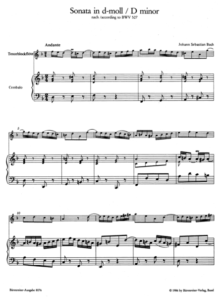Sonata for Tenor Recorder and Harpsichord obbligato d minor BWV 527