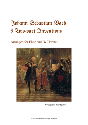 Book cover for Three 2-part Inventions by Bach, arranged for flute and clarinet