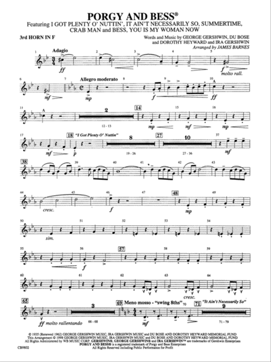 Porgy and Bess® (Medley): 3rd F Horn Concert Band scores gallery preview page 1