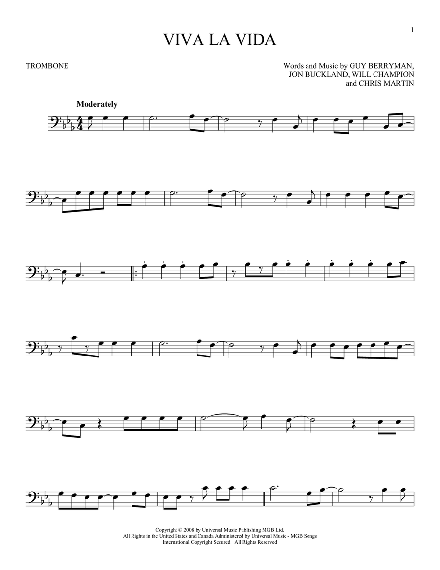 Viva La Vida Viva La Vida Trombone Solo scores gallery preview page 1