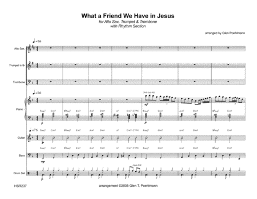 WHAT A FRIEND WE HAVE IN JESUS - ALTO SAX, TRUMPET & TROMBONE with Rhythm (Swing) Large Ensemble scores gallery preview page 1