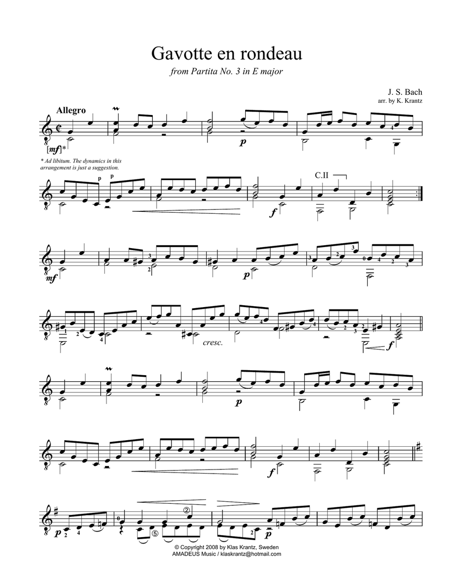 Gavotte en rondeau BWV 1006 (C Major) for guitar solo Classical Guitar scores gallery preview page 2