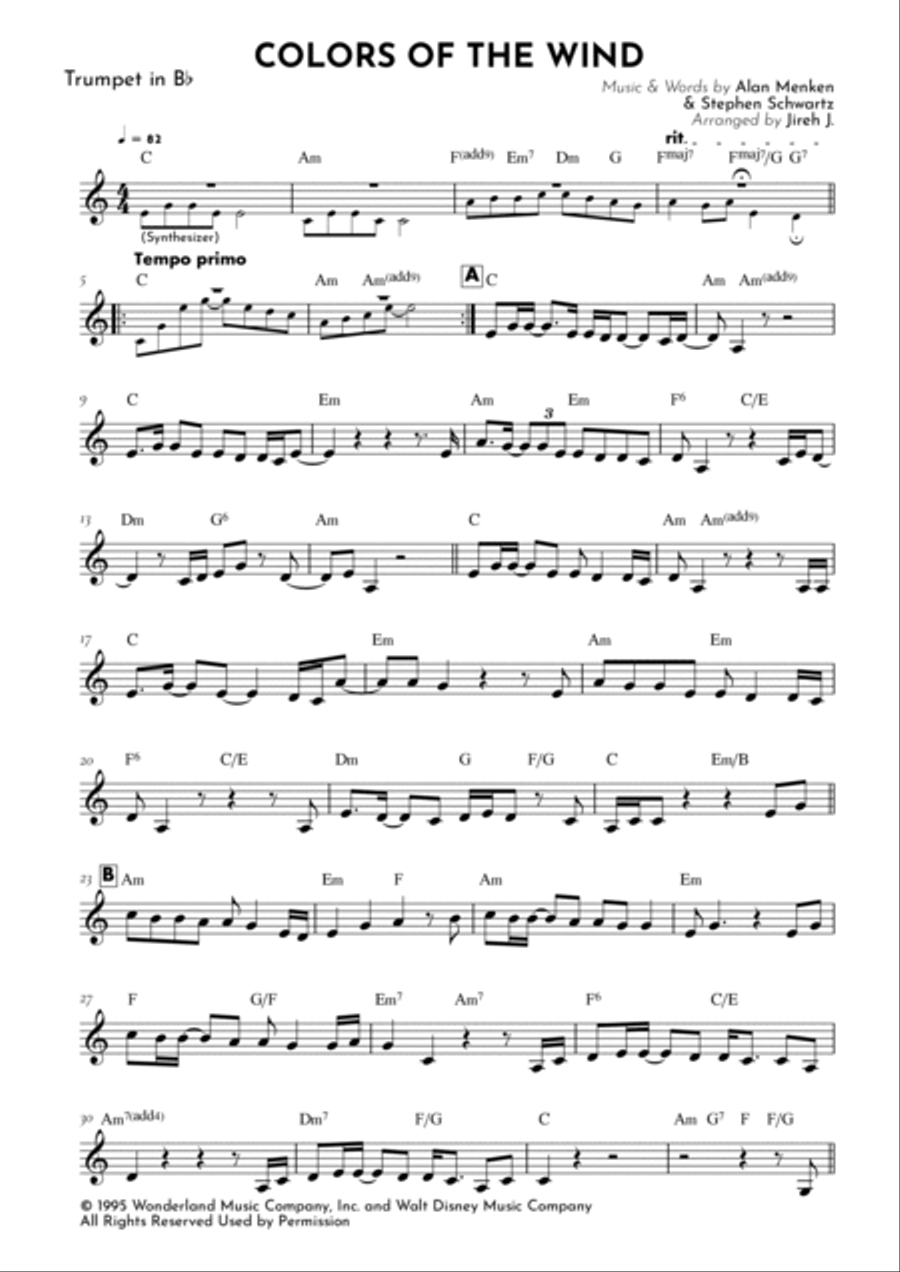 Colors Of The Wind B-Flat Trumpet scores gallery preview page 2