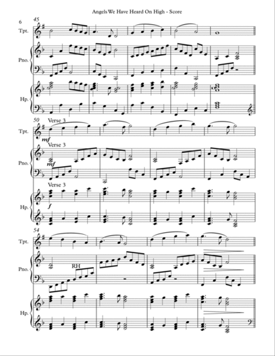 Angels We Have Heard On High, Trio for Bb Trumpet, Harp and Piano Trumpet Trio scores gallery preview page 6