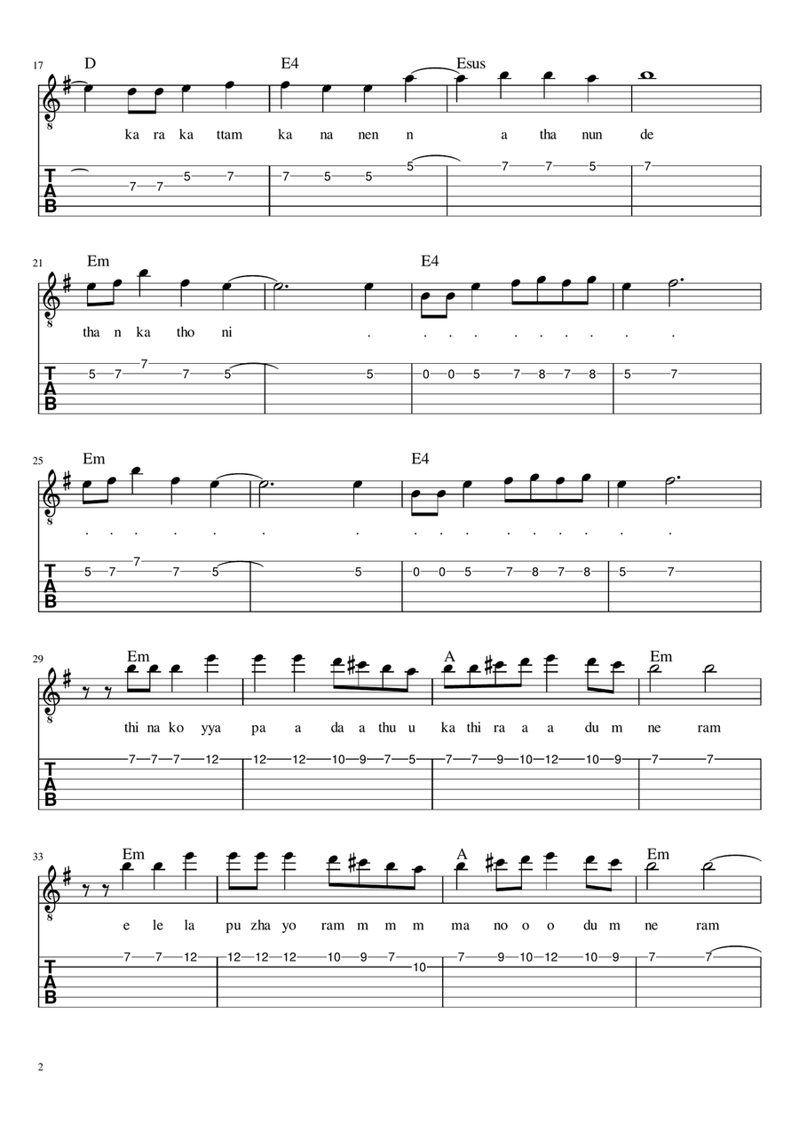 thankathoni sheetmusic with guitar tabs lyrics and chords Guitar Tablature scores gallery preview page 2