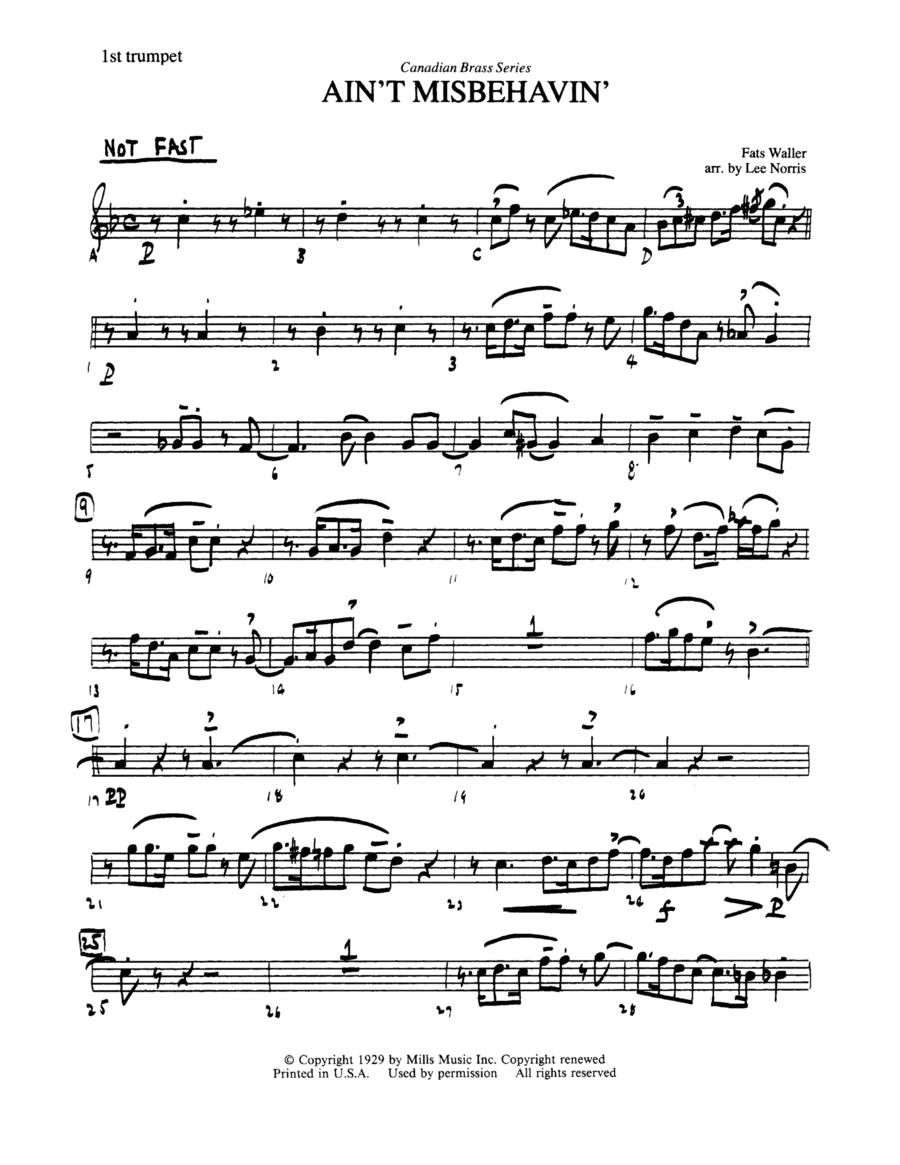 Ain't Misbehavin' - Bb Trumpet 1 (Brass Quintet) Brass Quintet scores gallery preview page 1