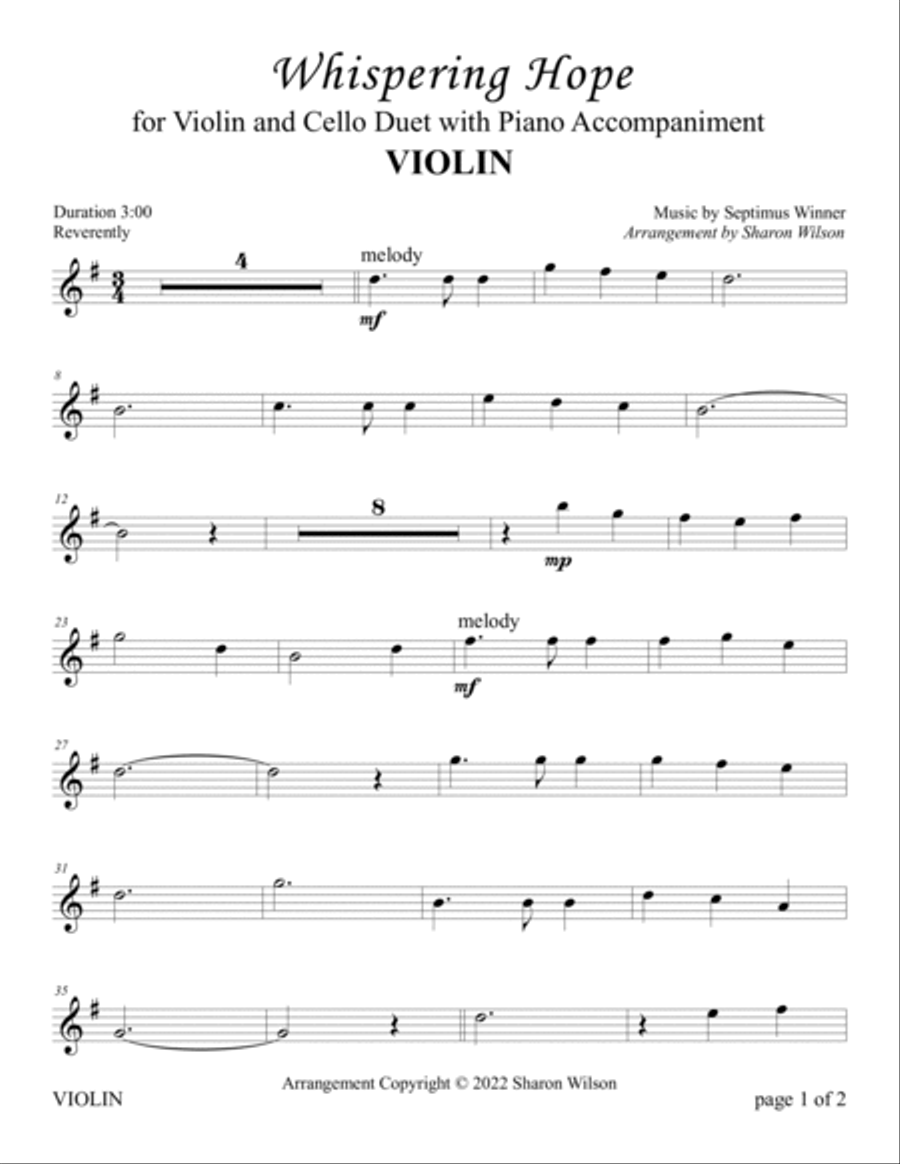 Whispering Hope (for Violin and Cello Duet with Piano Accompaniment) Piano Trio scores gallery preview page 2