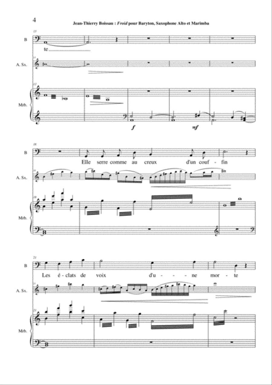 Jean-Thierry Boisseau Froid for baritone voice, alto saxophone and maribma (or piano) Small Ensemble scores gallery preview page 4
