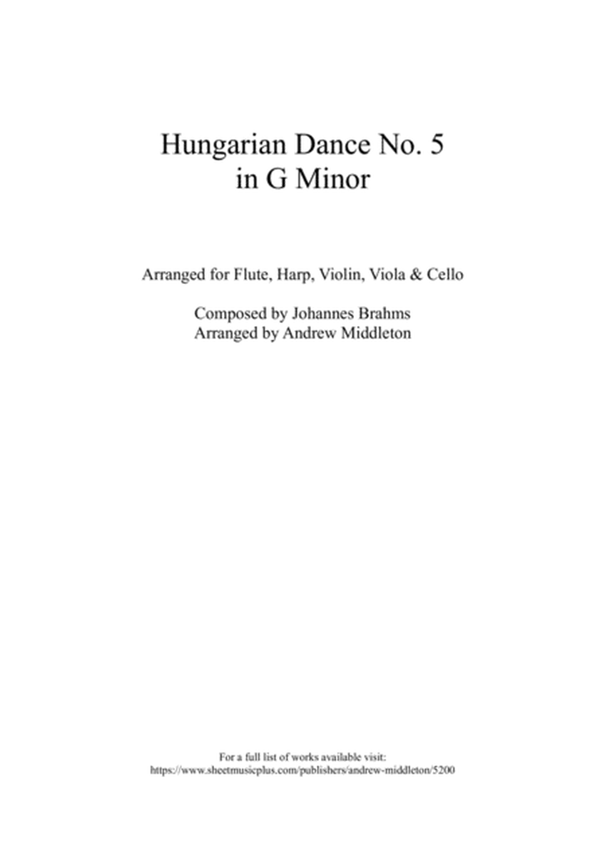Hungarian Dance No. 5 in G Minor arranged for Flute, Harp, Violin, Viola & Cello image number null
