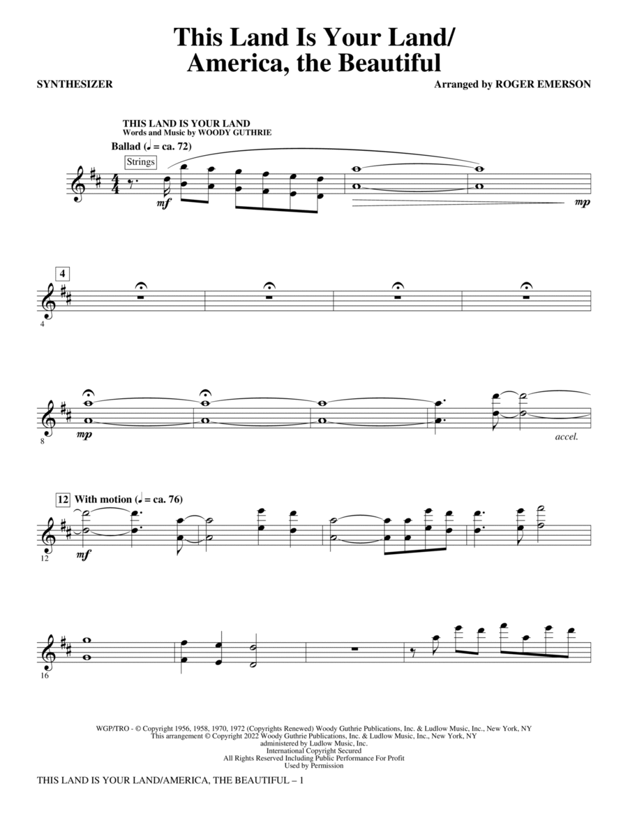 This Land Is Your Land/America, The Beautiful - Synthesizer Choir scores gallery preview page 1