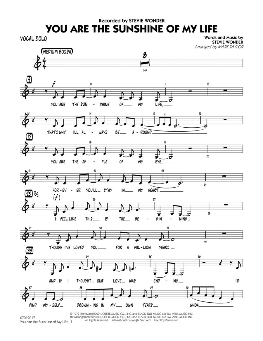 You Are the Sunshine of My Life (Key: C) - Vocal Solo Jazz Ensemble scores gallery preview page 1
