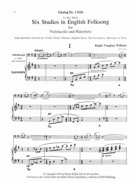 Six Studies in English Folksong by Ralph Vaughan Williams Clarinet Solo - Sheet Music