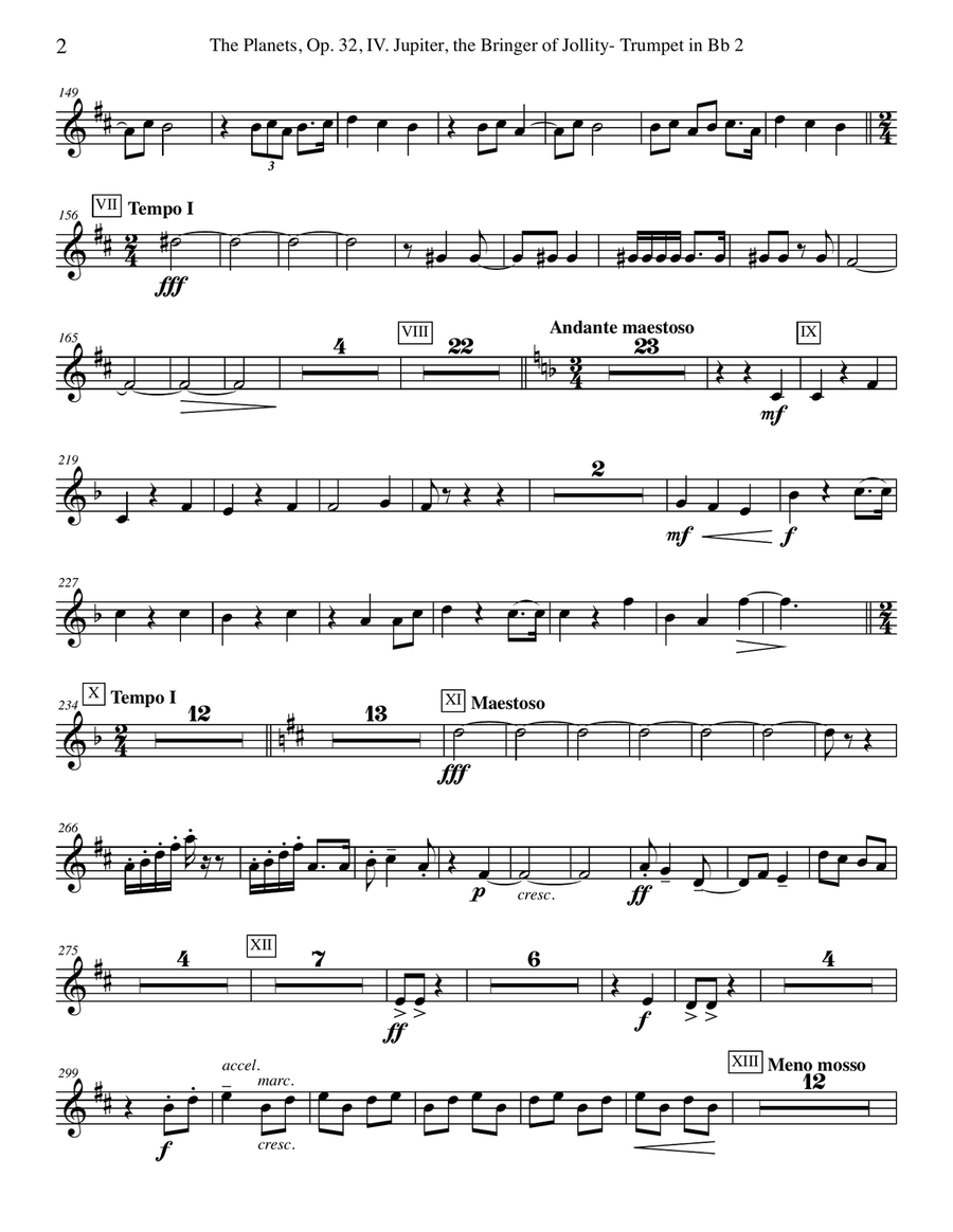 Holst The Planets, IV. Jupiter, the Bringer of Jollity - Trumpet in Bb 2 (Transposed Part), Op. 32 B-Flat Trumpet scores gallery preview page 2