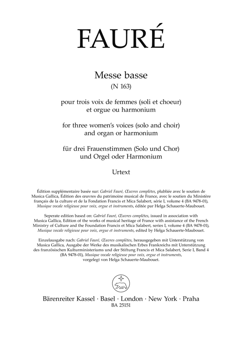 Messe basse for three Female Voices (solo and choir), and Organ or Harmonium N 163
