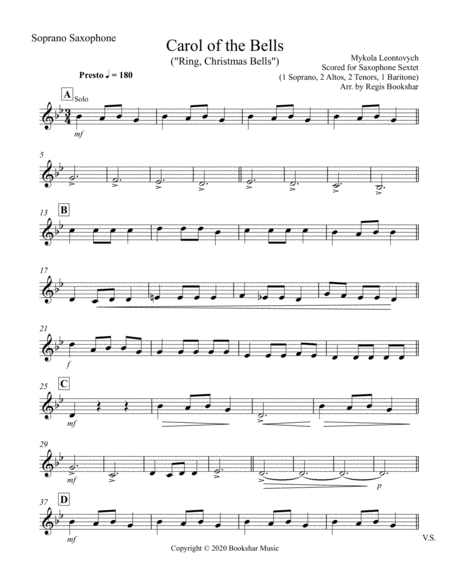 Carol of the Bells (F min) (Saxophone Sextet - 1 Sop, 2 Alto, 2 Ten, 1 Bari) image number null