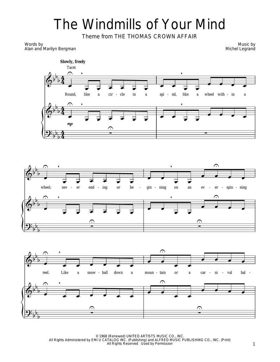 The Windmills Of Your Mind Piano, Vocal, Guitar scores gallery preview page 1
