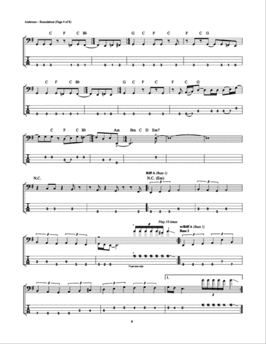 Roundabout Bass Guitar Tablature scores gallery preview page 4