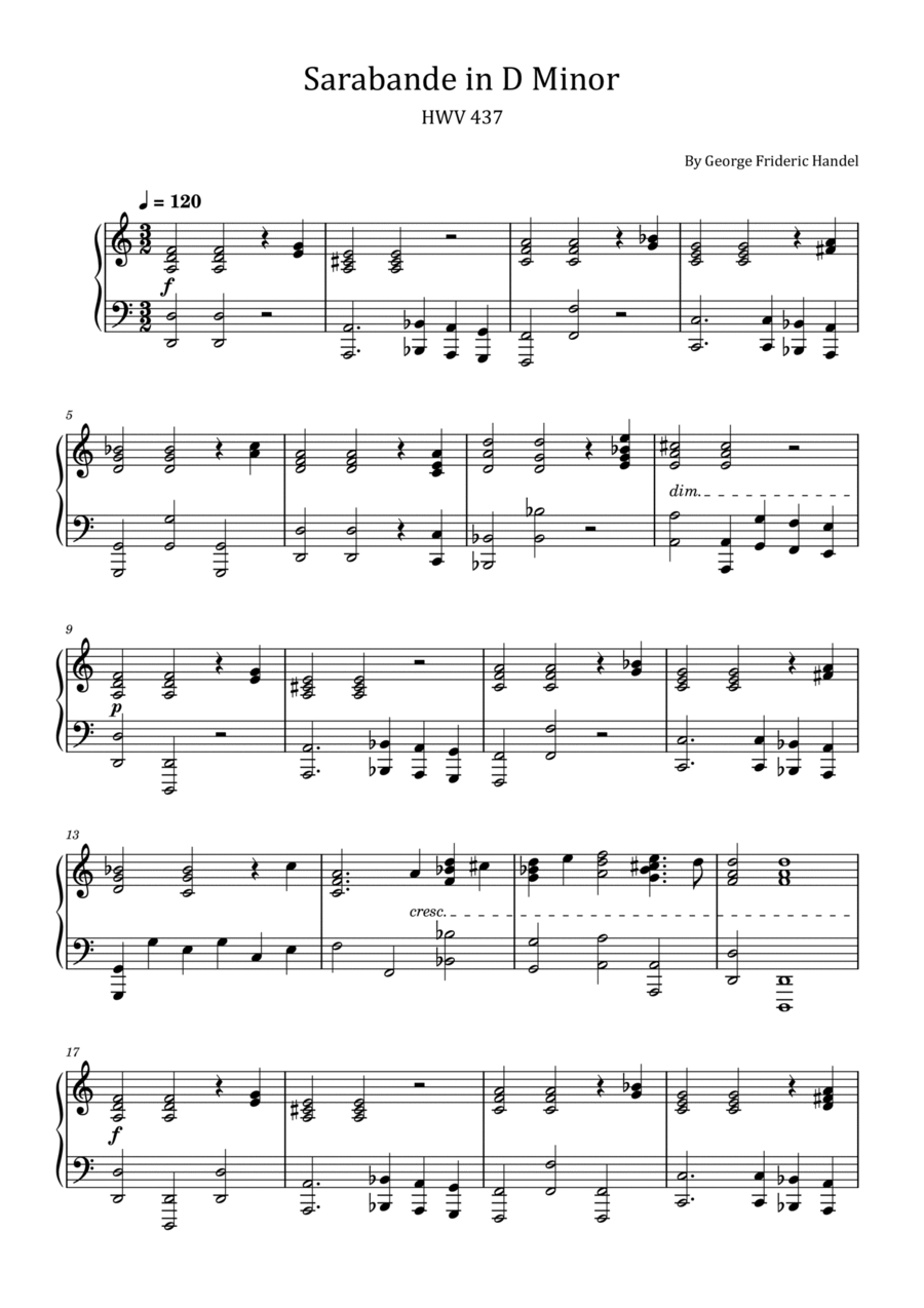 Handel - Suite in D minor - HWV 437 - Sarabande-Gigue - For Piano Solo Piano Solo scores gallery preview page 1