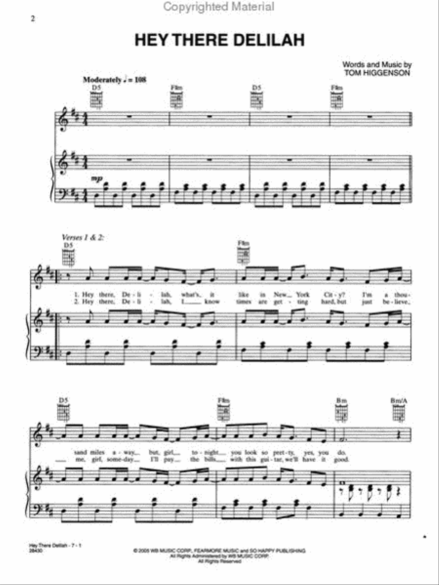 Hey There Delilah Piano, Vocal, Guitar scores gallery preview page 2