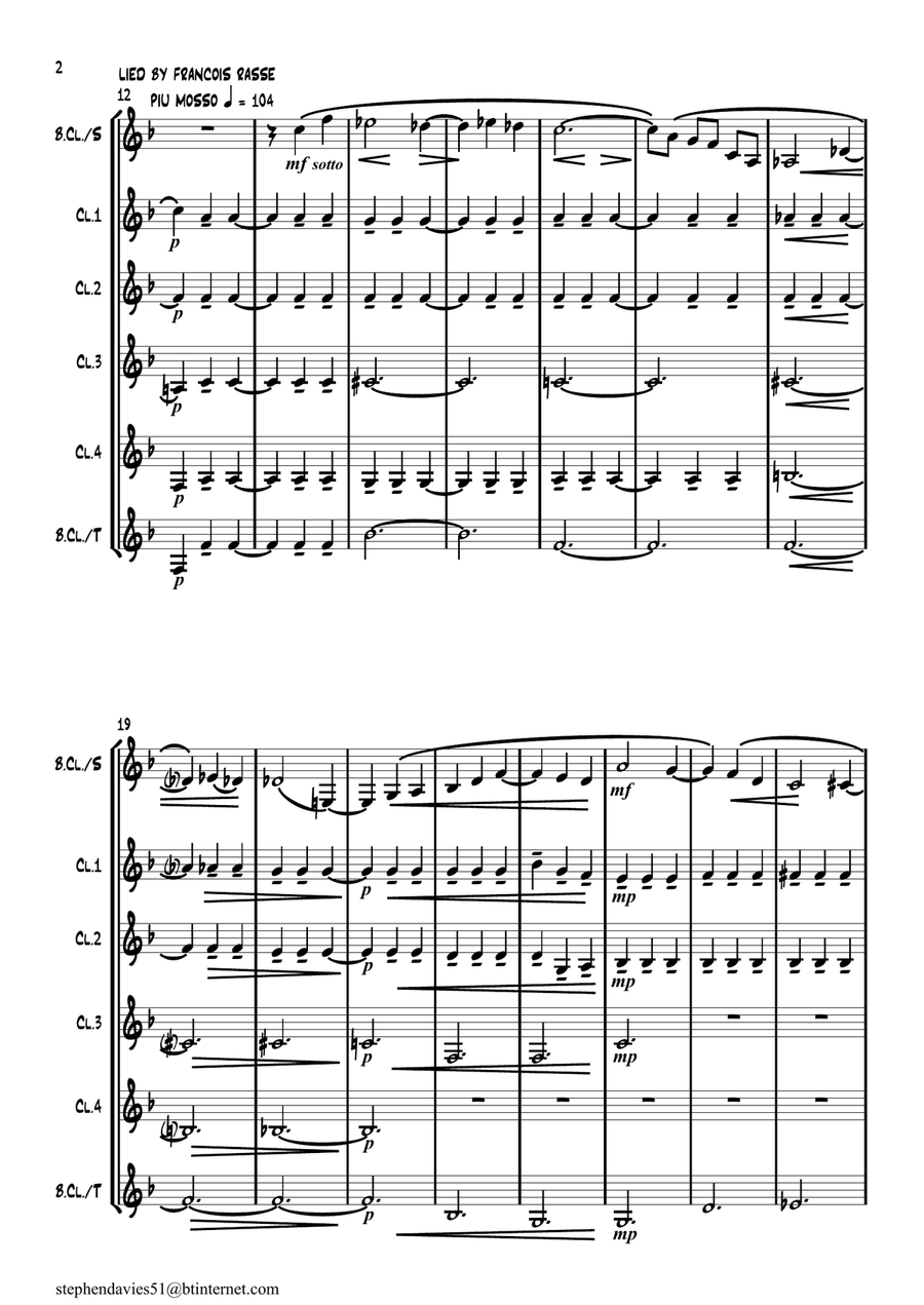 'Lied' (Song) By Francois Rasse for Solo Bass Clarinet & Clarinet Quintet Clarinet Quintet scores gallery preview page 2