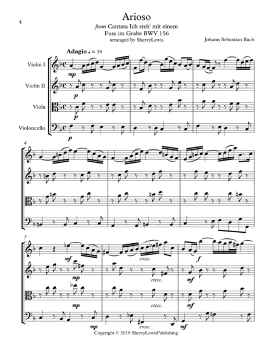 ARIOSO, Bach, String Quartet, Intermediate Level for 2 violins, viola and cello String Quartet scores gallery preview page 4