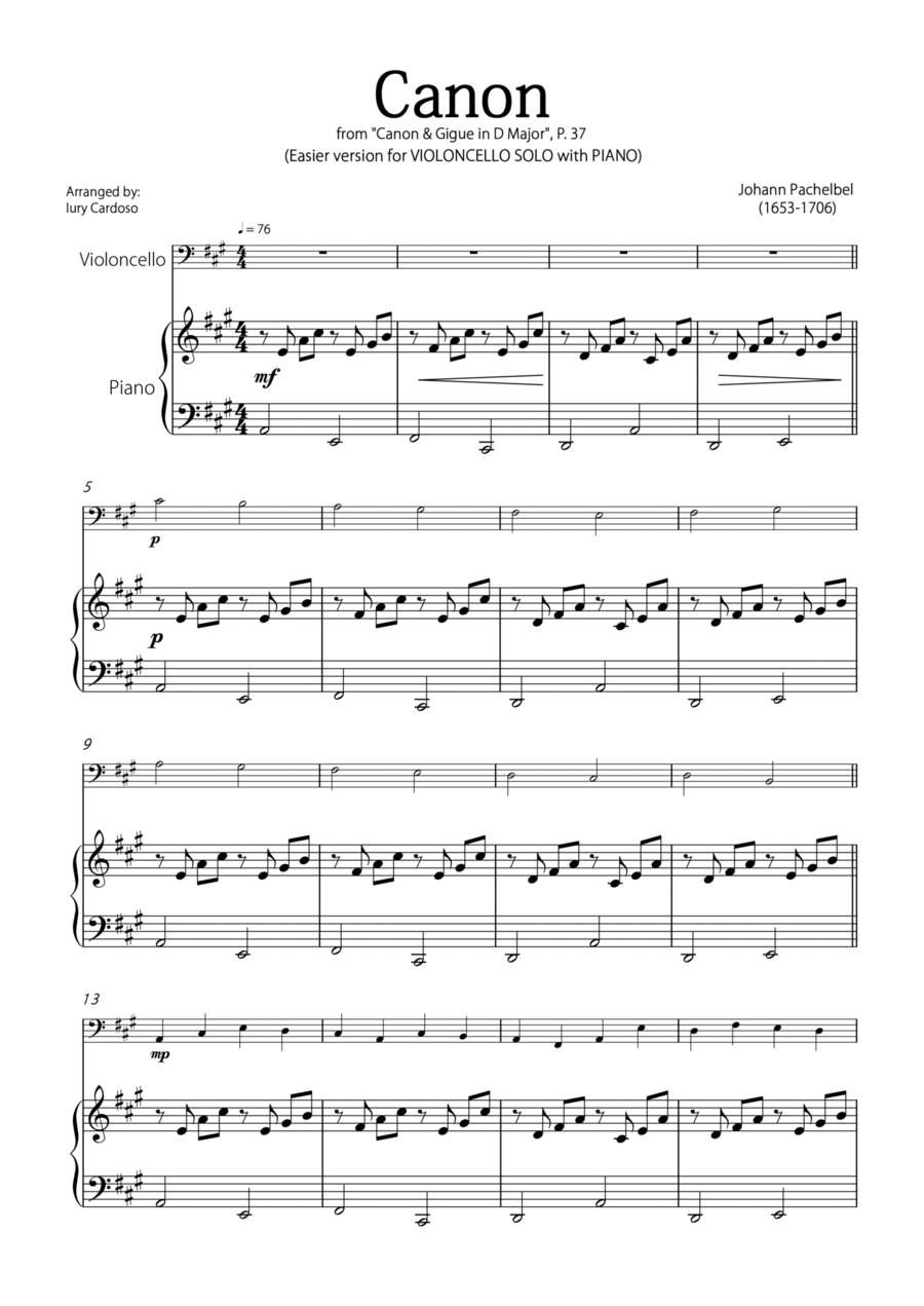 Canon by Pachelbel EASY version for CELLO SOLO with PIANO