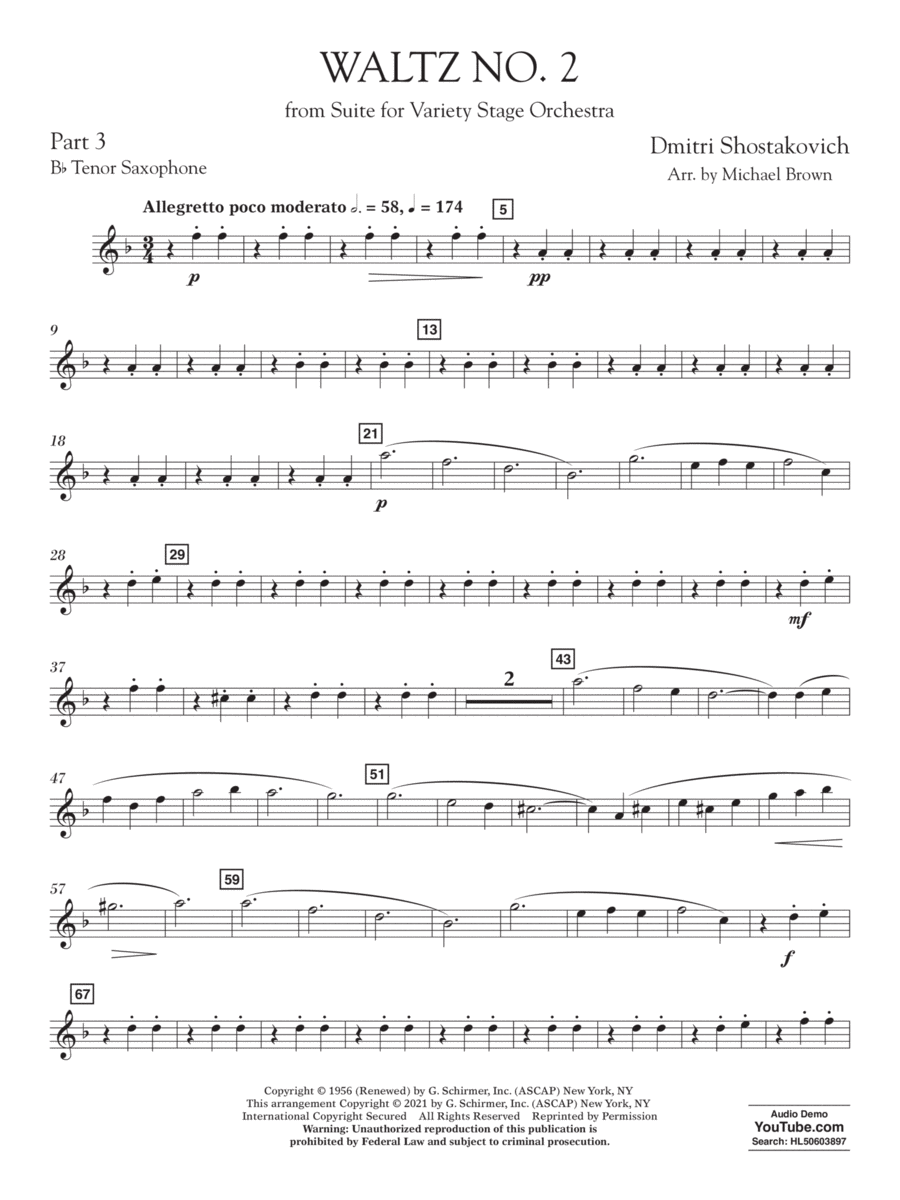 Waltz No. 2 (from Suite for Variety Stage Orchestra) (arr. Brown) - Pt.3 - Bb Tenor Saxophone