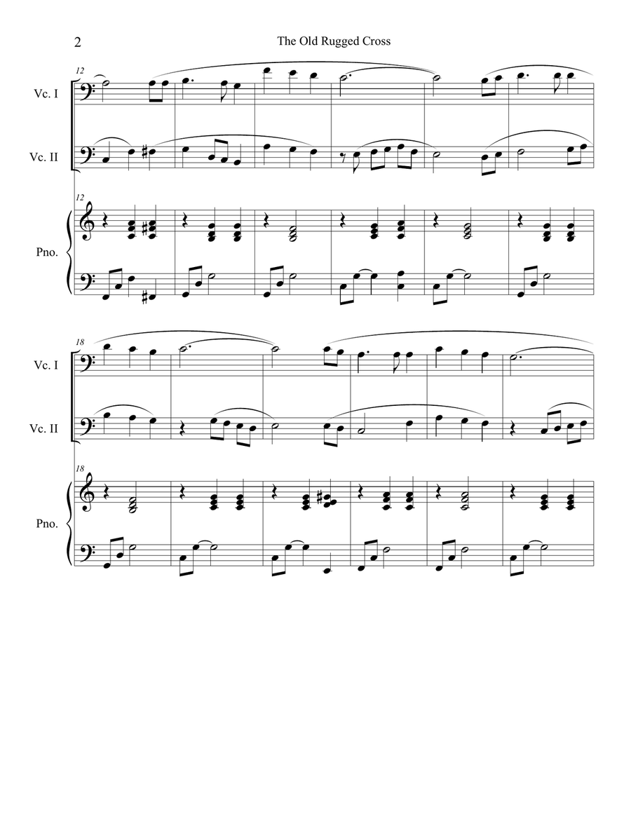 The Old Rugged Cross (cello duet) with optional piano accompaniment String Duet scores gallery preview page 2