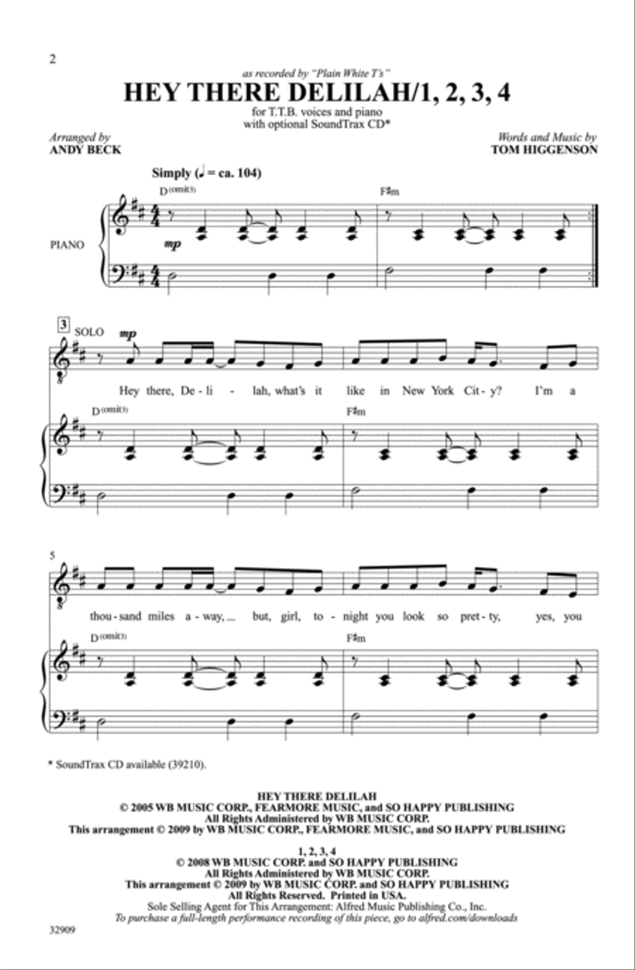 Hey There Delilah / 1, 2, 3, 4 Men's Choir scores gallery preview page 2