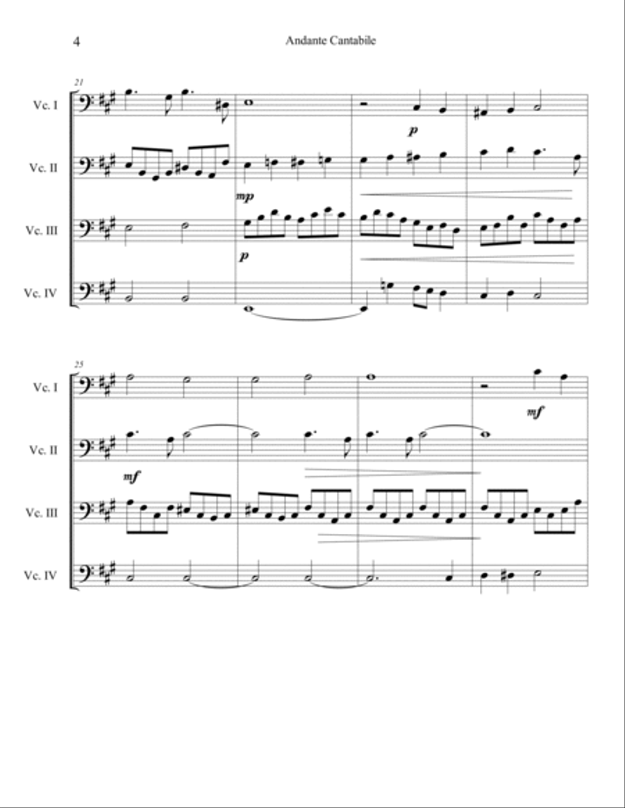 Andante Cantabile for Cello Quartet String Quartet scores gallery preview page 5