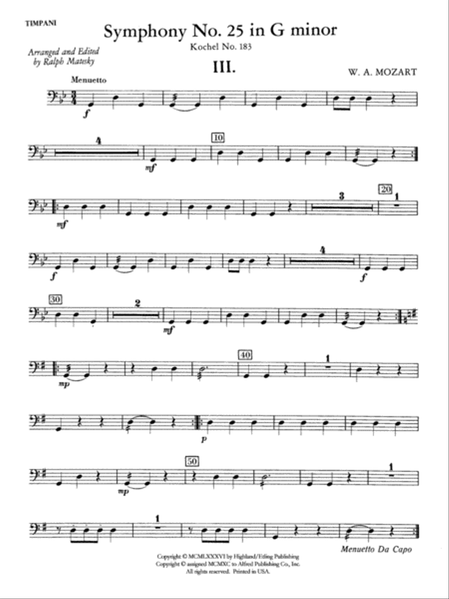 Mozart's Symphony No. 25 in G Minor, 3rd & 4th Movements: Timpani Full Orchestra scores gallery preview page 1