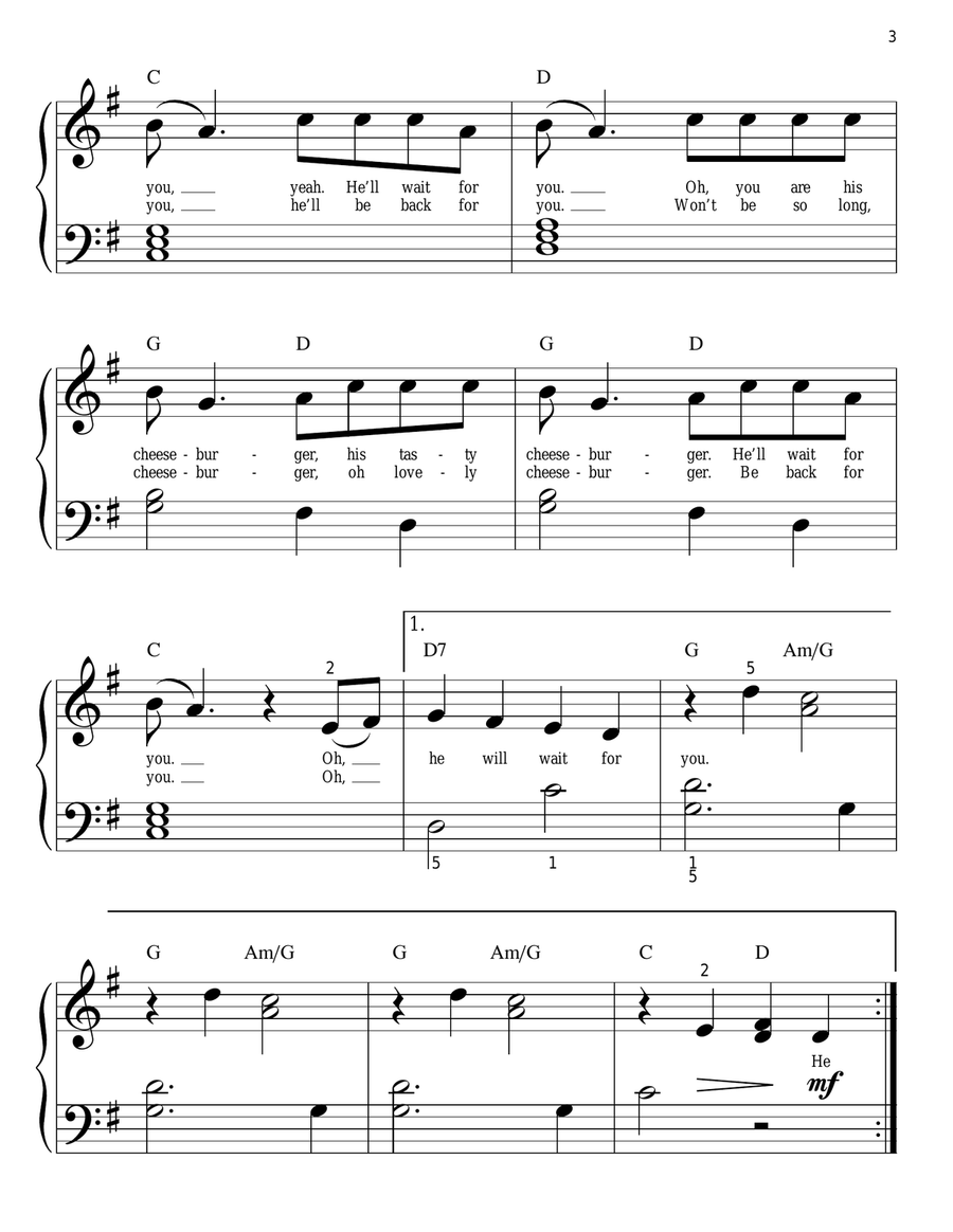 His Cheeseburger Easy Piano scores gallery preview page 3