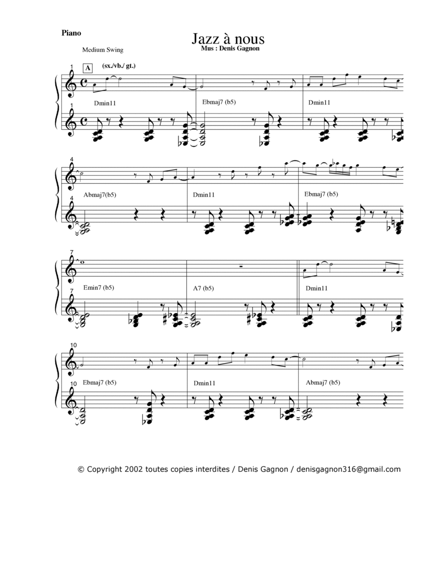 Jazz à Nous / Pour quatuor de Saxophones, guitare, Contrebasse et Batterie - Score Only Jazz Ensemble scores gallery preview page 1