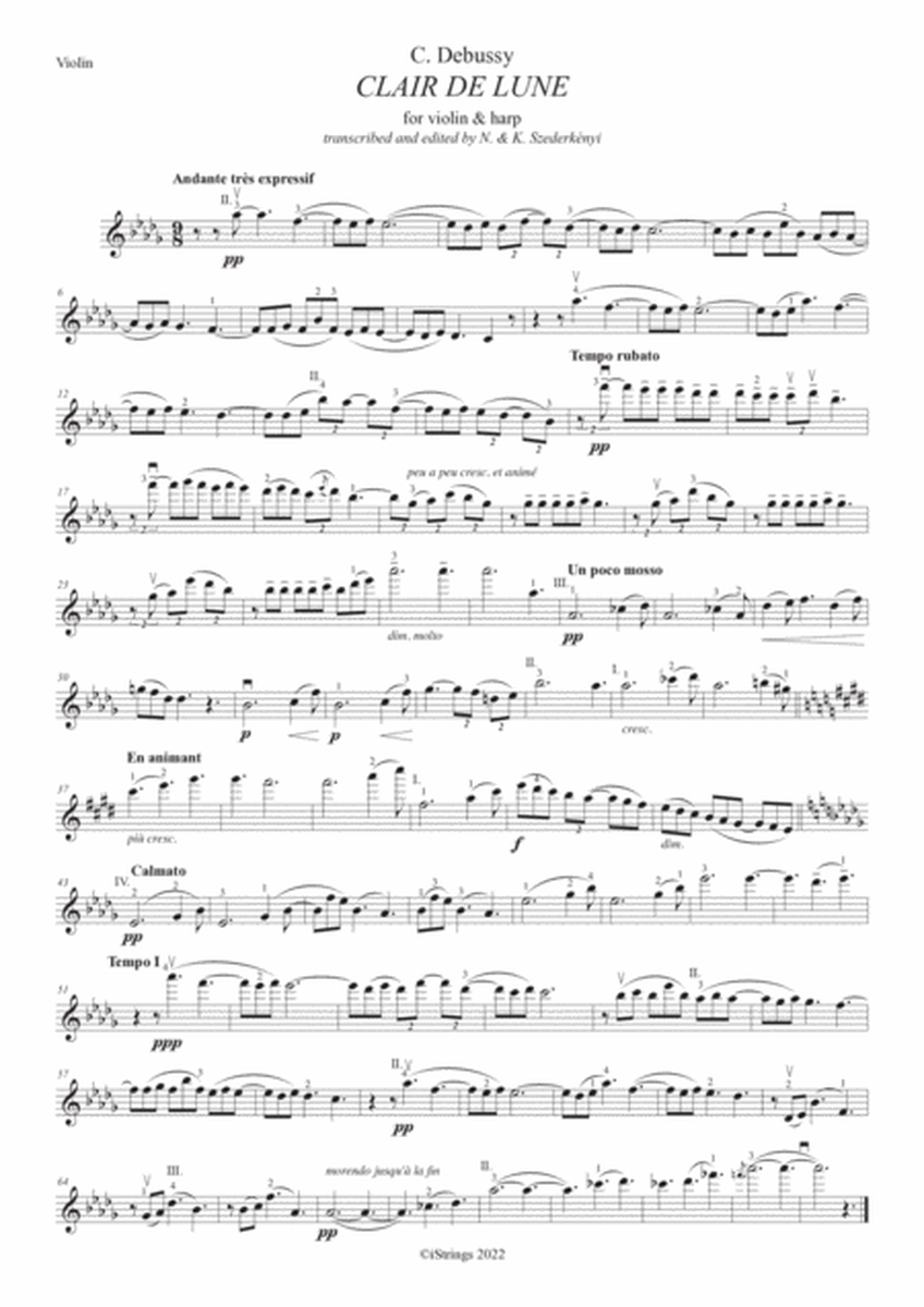 Three "Encores" for Violin/Flute with Harp: Clair de Lune, La Fille aux Cheveux de Lin, Minstrels