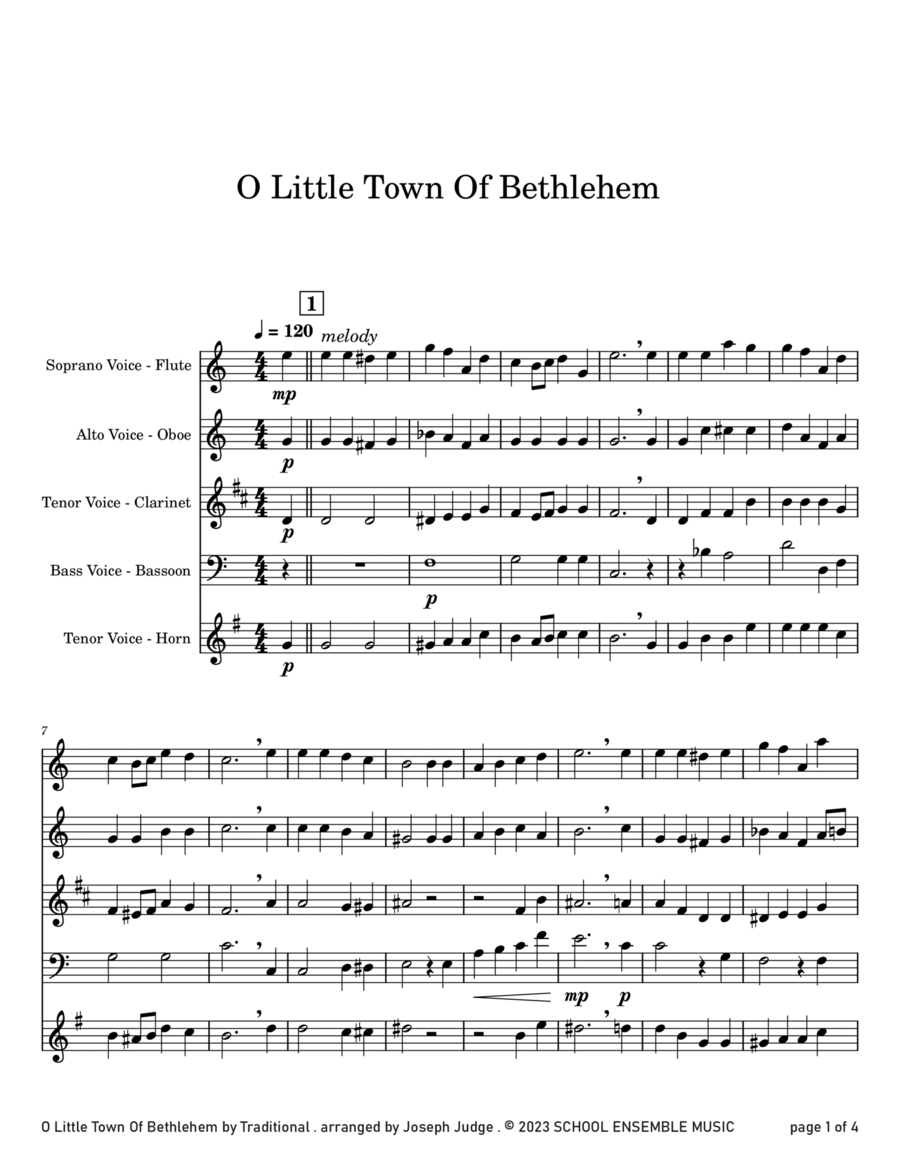 O Little Town Of Bethlehem for Woodwind Quartet in School image number null