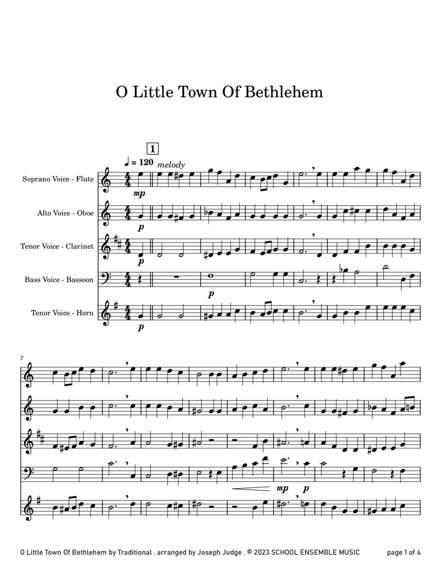 O Little Town Of Bethlehem for Woodwind Quartet in School Woodwind Quartet scores gallery preview page 1