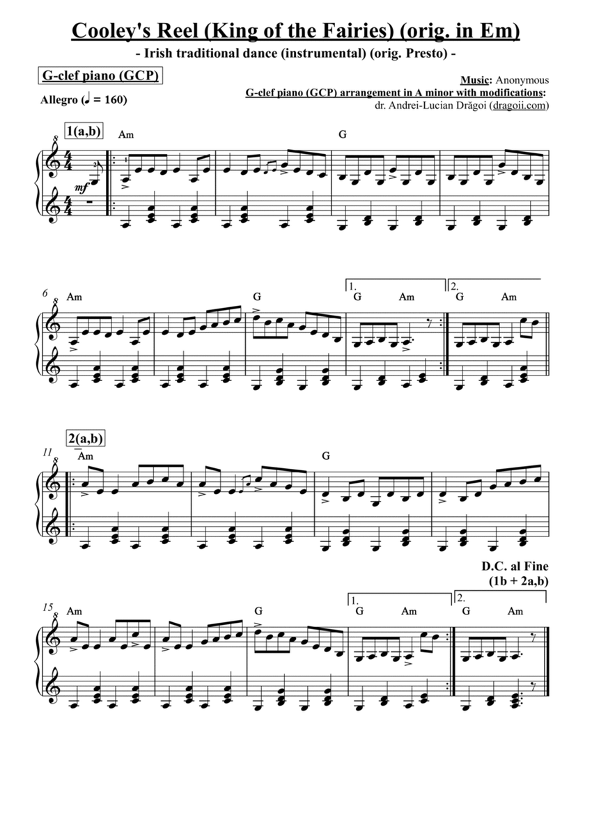 Anonymous - Cooley's Reel (King of the Fairies) (Irish dance theme) - G-clef piano arrangement in Am image number null