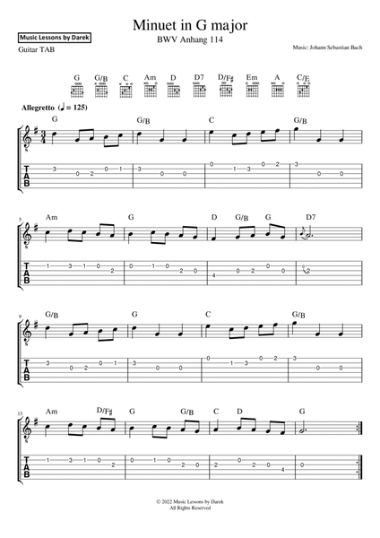 Minuet in G major (GUITAR TAB) BWV Anhang 114 [Johann Sebastian Bach] image number null