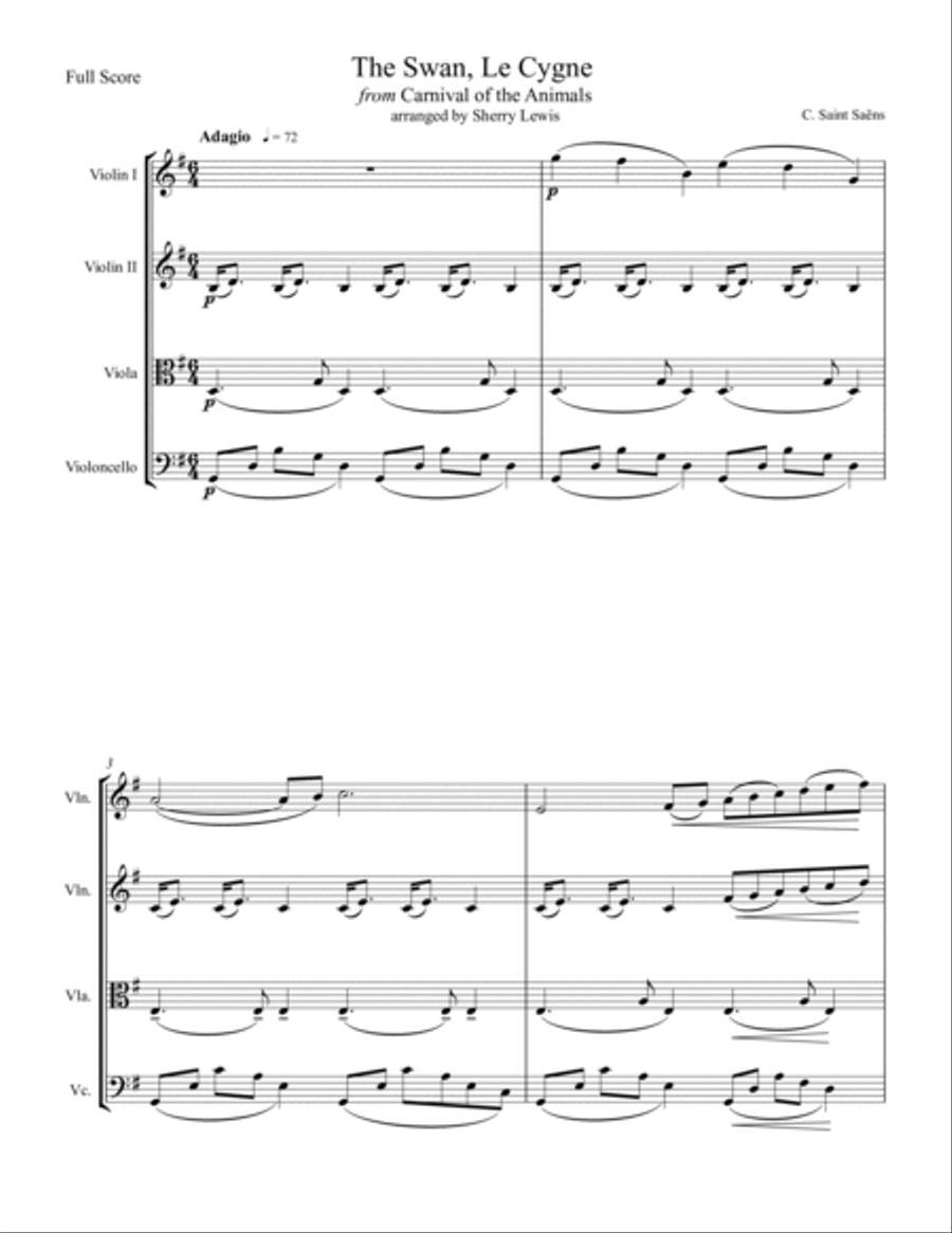 THE SWAN, LE CYGNE from 'Carnival of the Animals' for STRING QUARTET String Quartet scores gallery preview page 4