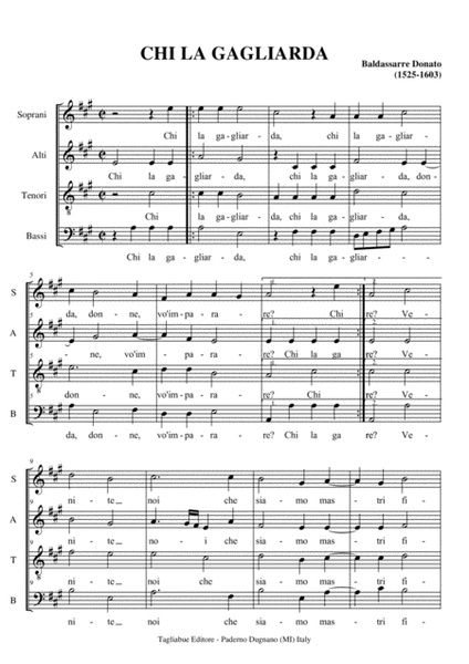 CHI LA GAGLIARDA, DONNE VO IMPARARE - B. Donato - For SATB Choir image number null