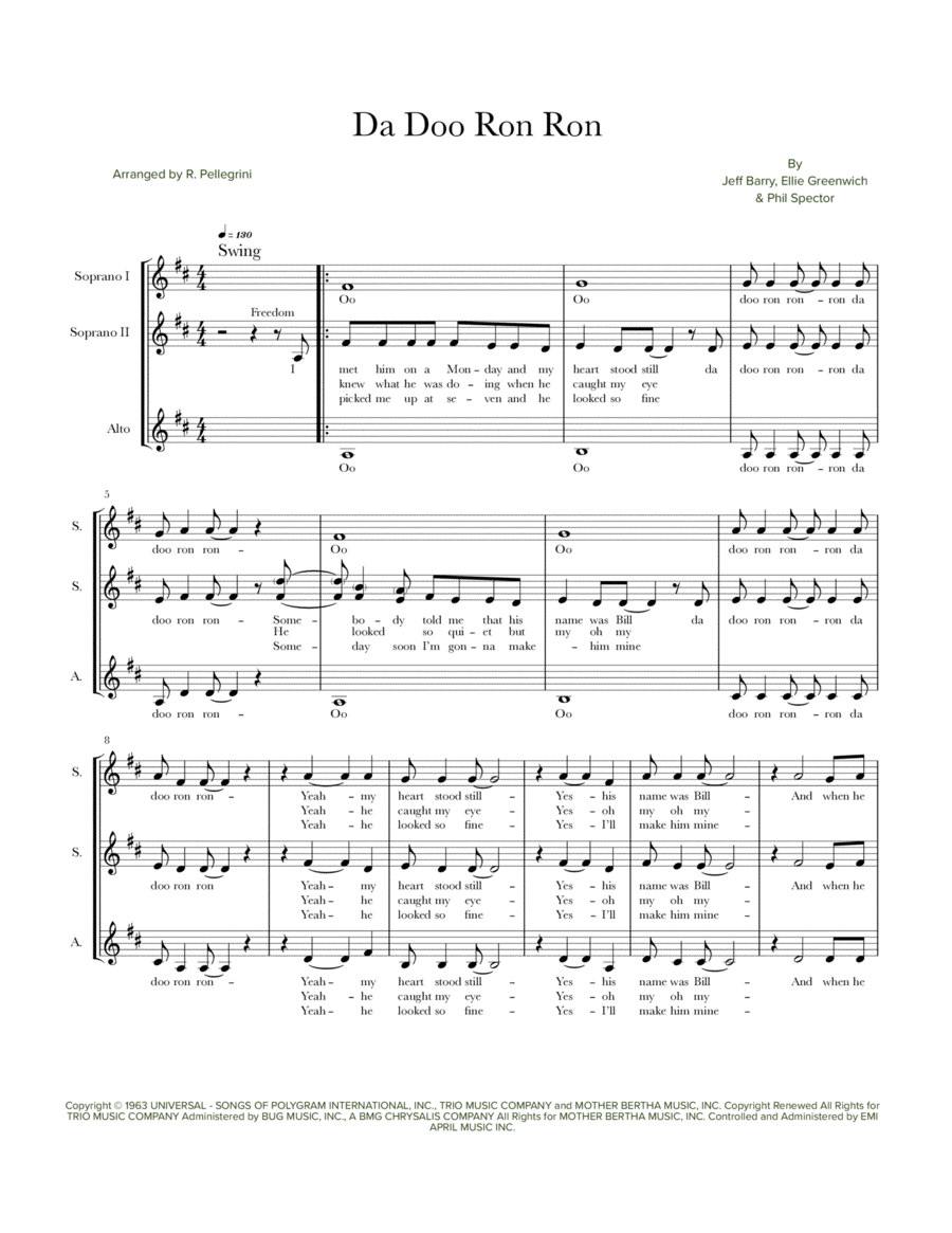 Da Doo Ron Ron (when He Walked Me Home) SSA scores gallery preview page 1