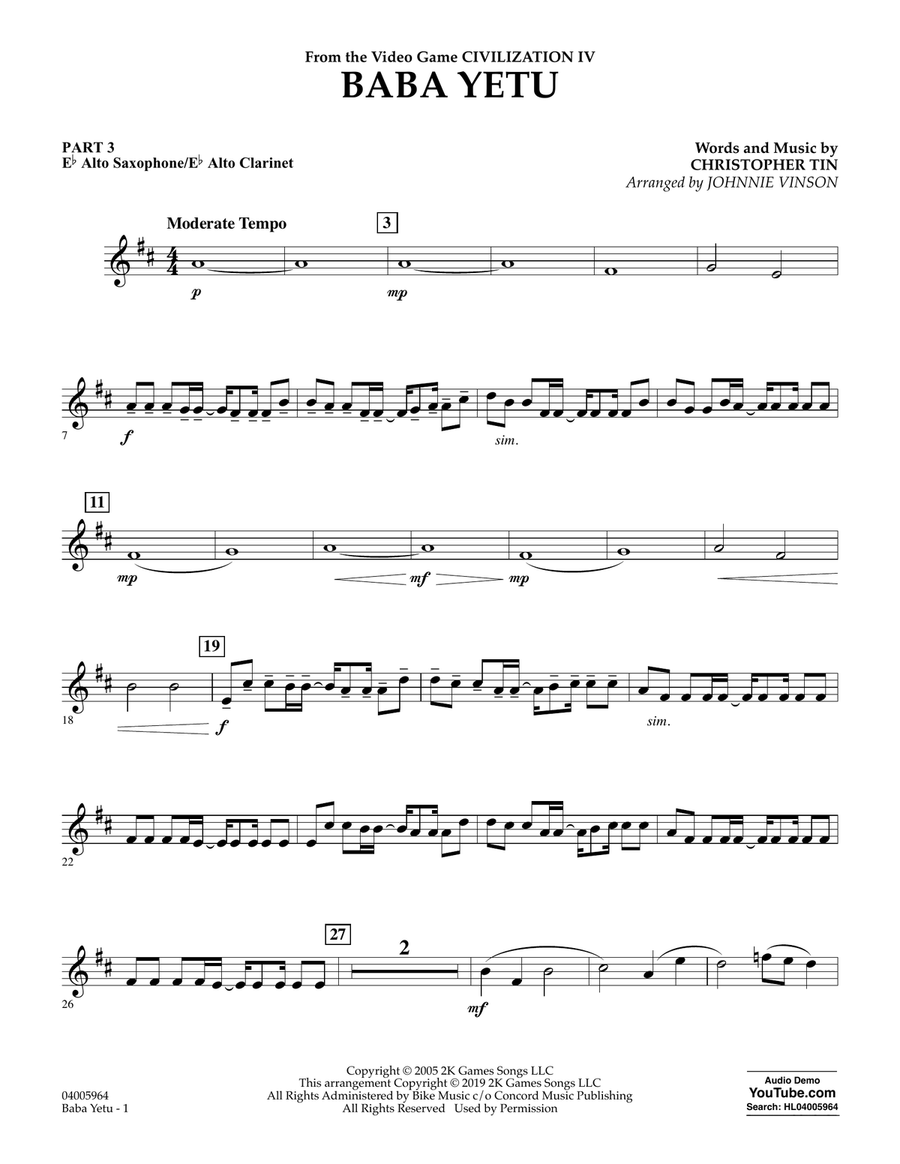 Baba Yetu (from Civilization IV) (arr. Johnnie Vinson) - Pt.3 - Eb Alto Sax/Alto Clar. Concert Band scores gallery preview page 1