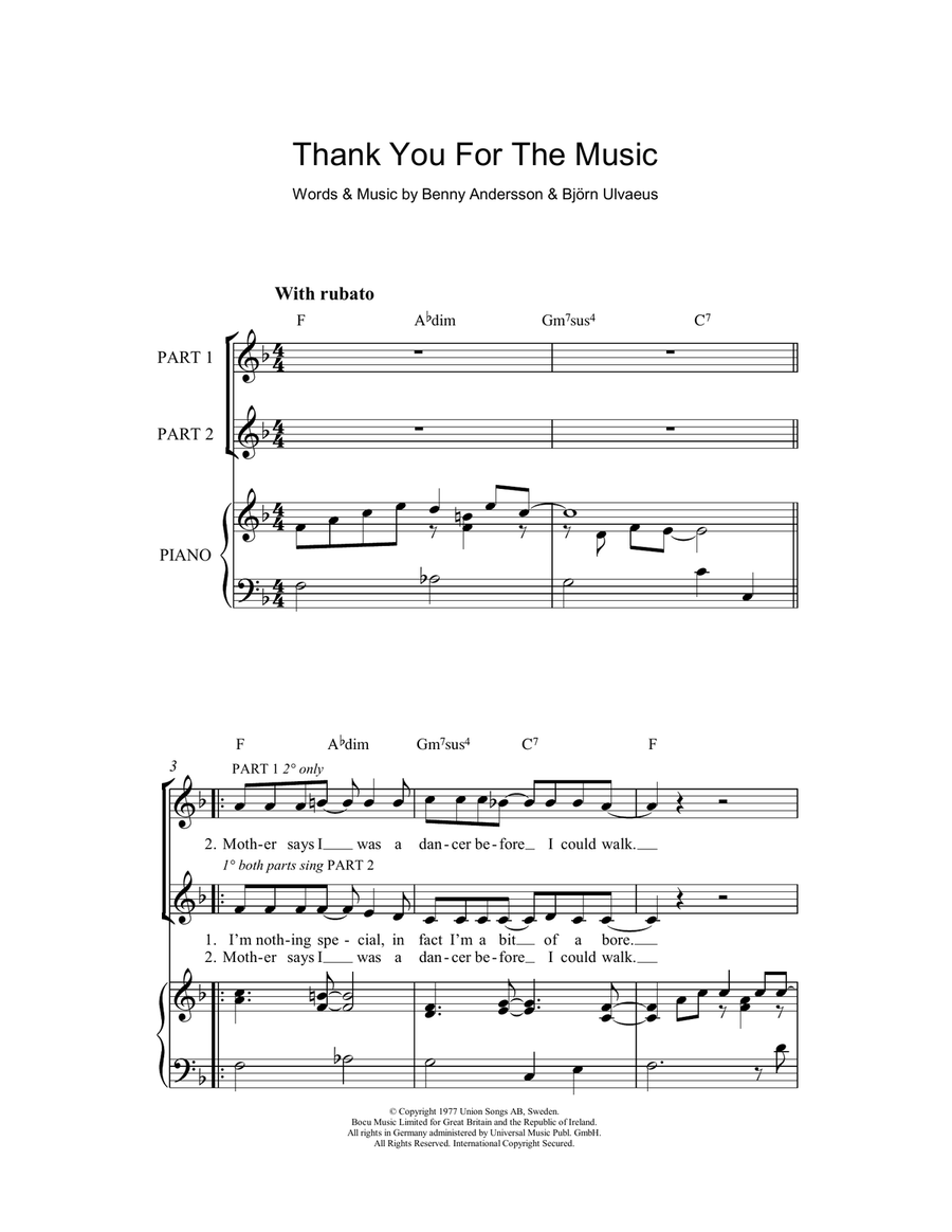 Thank You For The Music (arr. Rick Hein) 2-Part scores gallery preview page 1