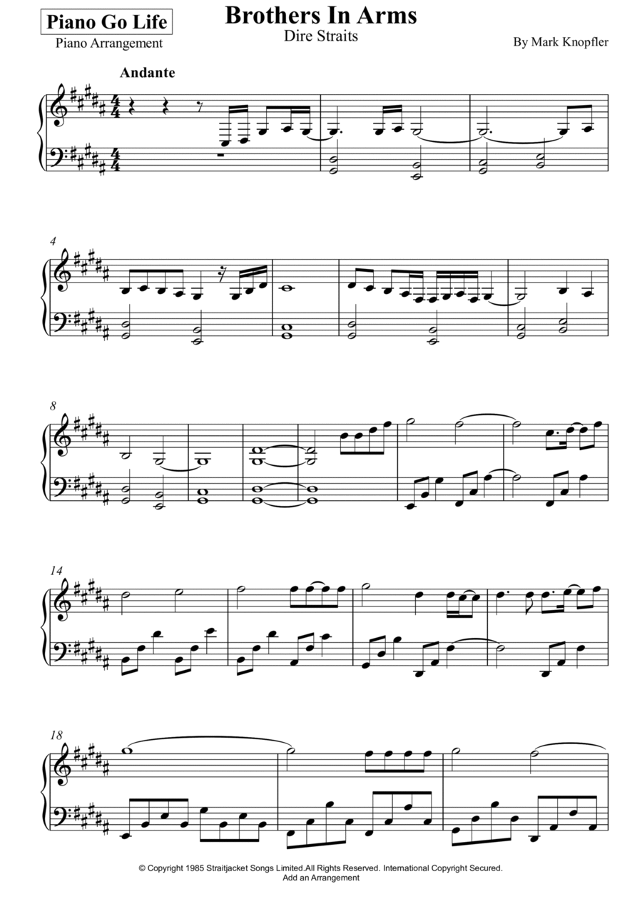 Brothers In Arms Piano Solo scores gallery preview page 1