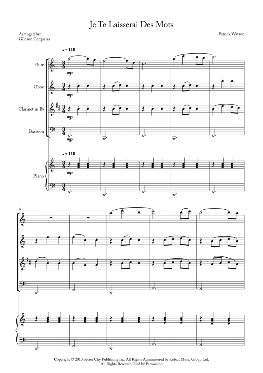 Je Te Laisserai Des Mots Je Te Laisserai Des Mots Woodwind Quartet scores gallery preview page 1
