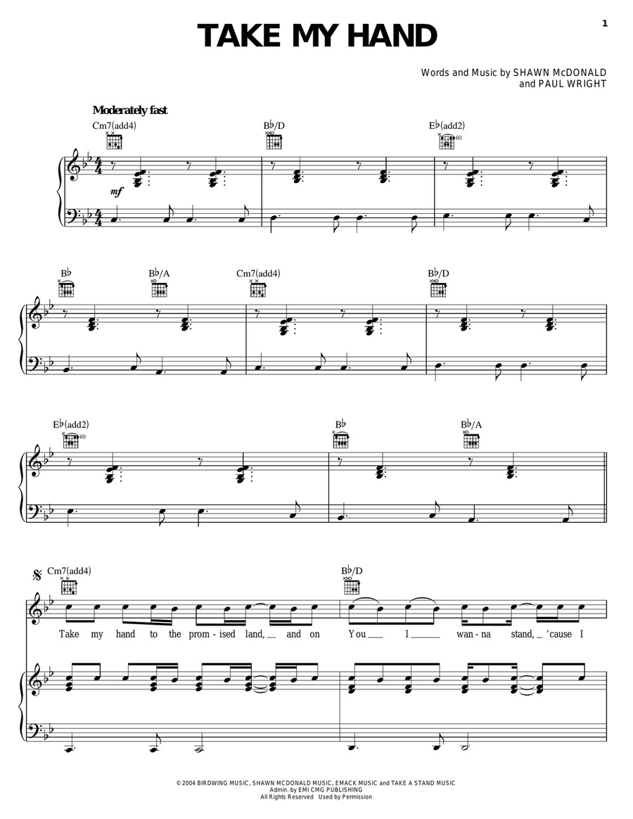 Take My Hand Piano, Vocal, Guitar scores gallery preview page 1