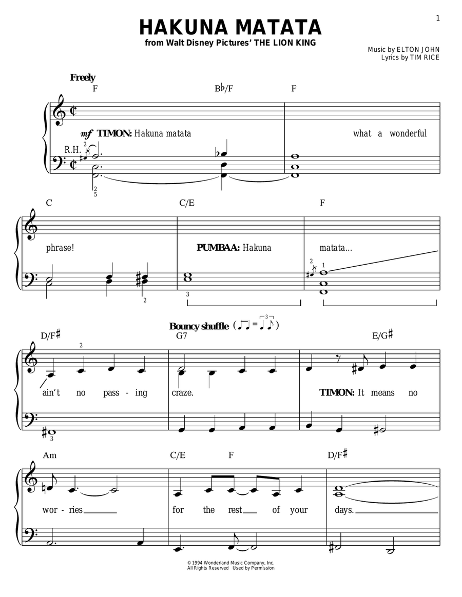 Hakuna Matata (from The Lion King) Easy Piano scores gallery preview page 1