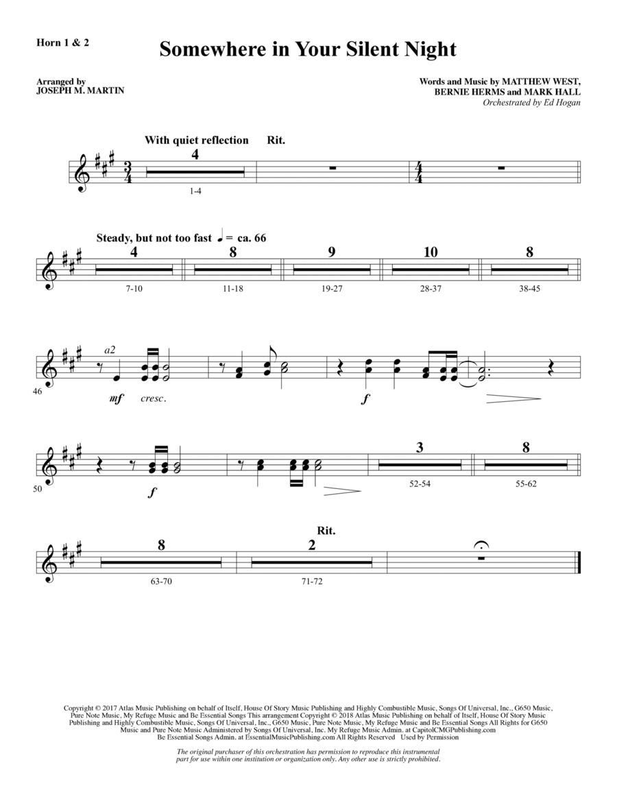 Somewhere in Your Silent Night - F Horn 1 & 2 Choir scores gallery preview page 1