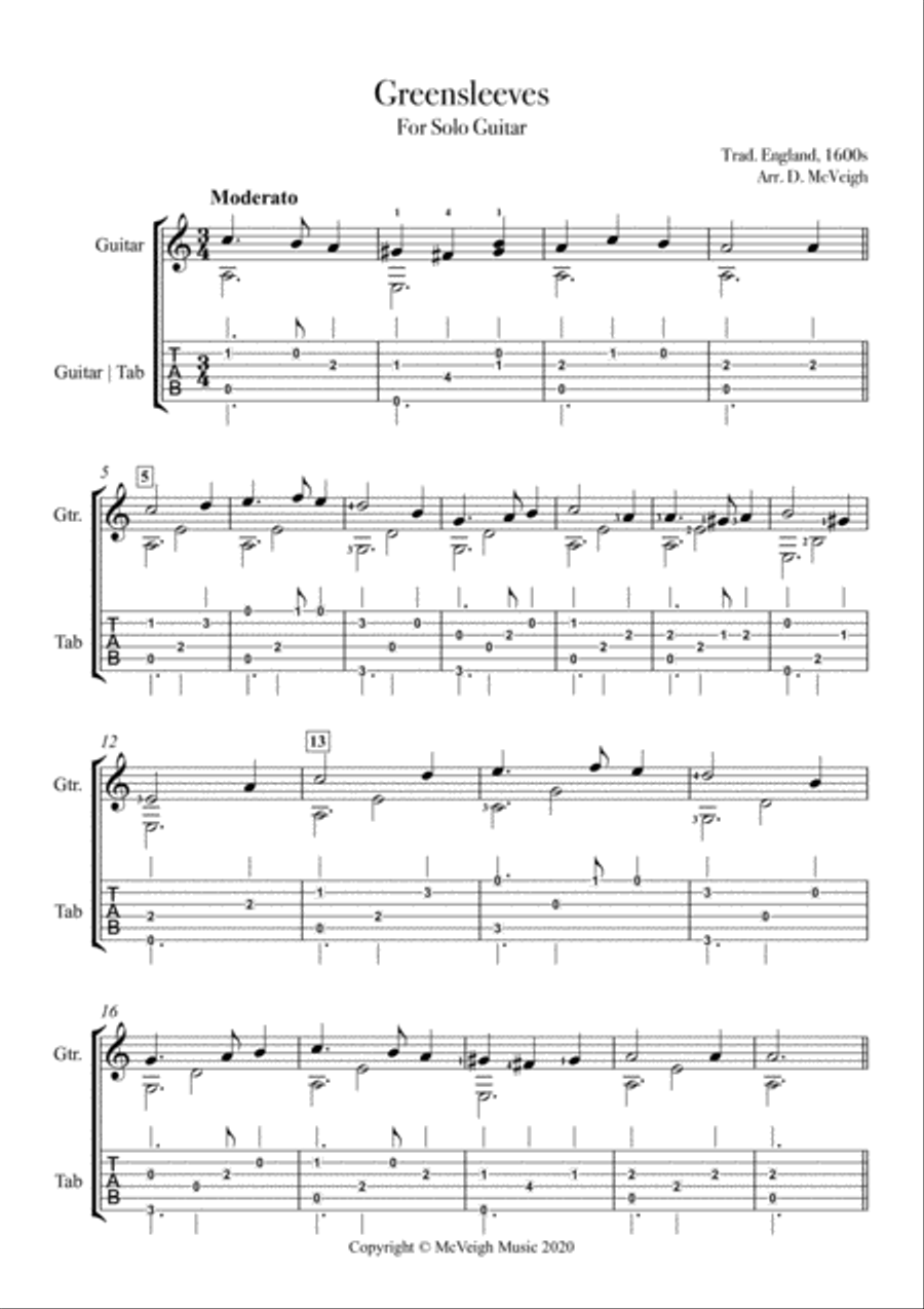 Greensleeves : Intermediate Solo Guitar Arrangement Classical Guitar scores gallery preview page 3