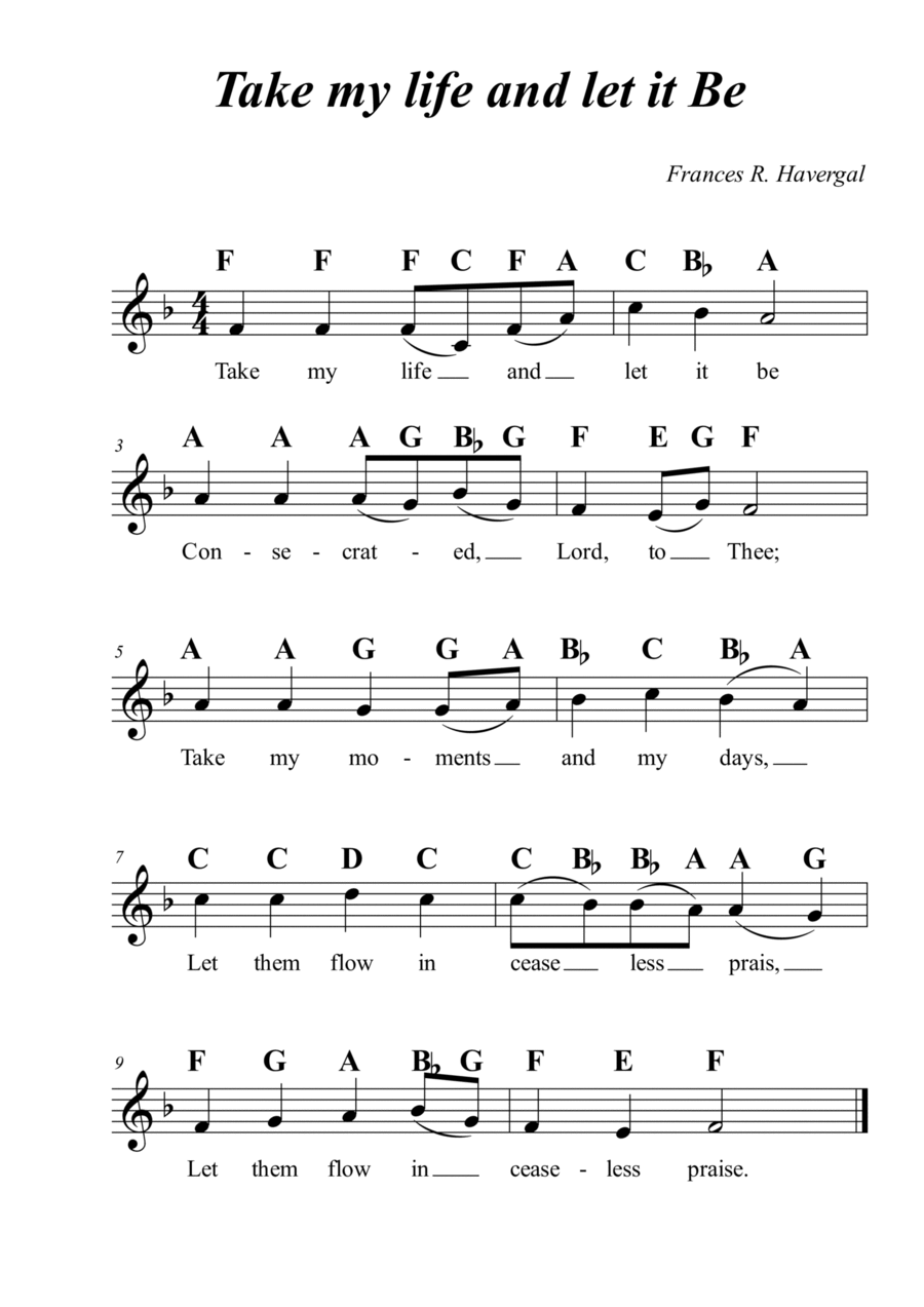 Take my life and let it Be - Treble and Bass clef Easy Piano scores gallery preview page 1